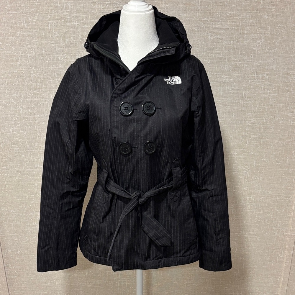 The North Face Black Pinstriped Hooded Pea Coat with Waist Tie